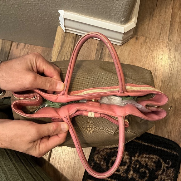 Prada, beige canvas Monogram tote with pink leather bow and trim.  173-H4g - Picture 14 of 15